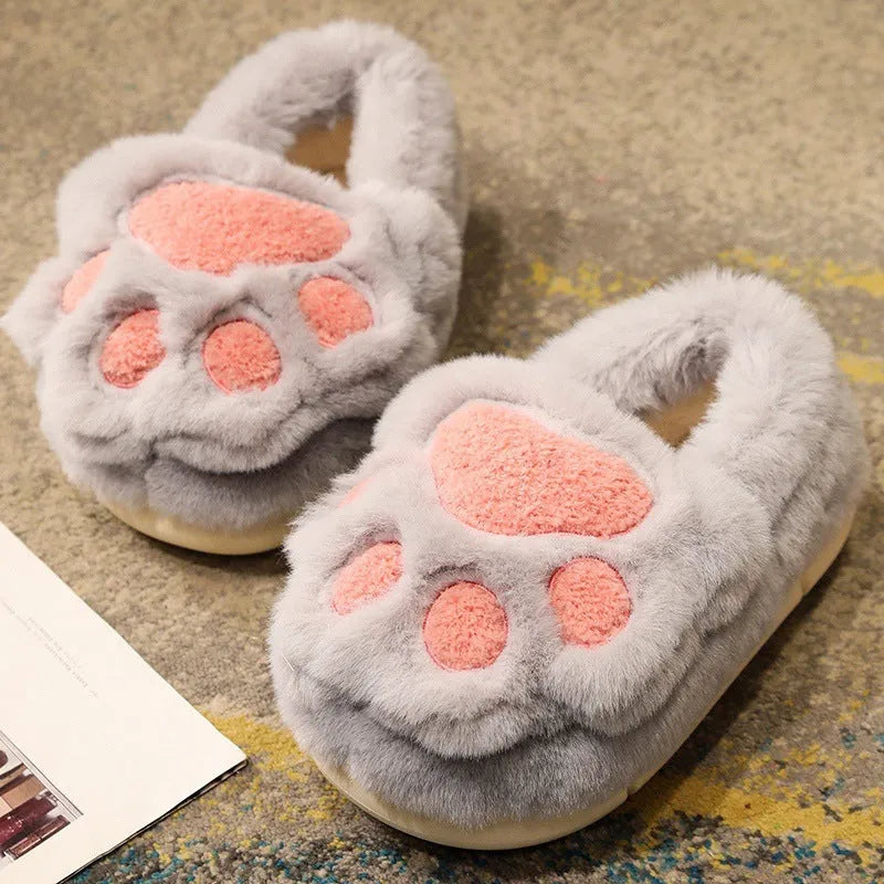 Women's plush cat claw slippers in pink with non-slip soft sole, imitation rabbit fur upper, low cover heel