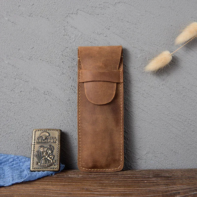 Square vintage leather pencil case showing retro crazy horse texture and 16cm by 6cm dimensions
