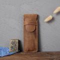 Square vintage leather pencil case showing retro crazy horse texture and 16cm by 6cm dimensions