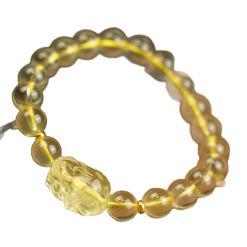 Yellow leather Pi Xiu bracelet with artificial crystal beads in Chinese simple national style