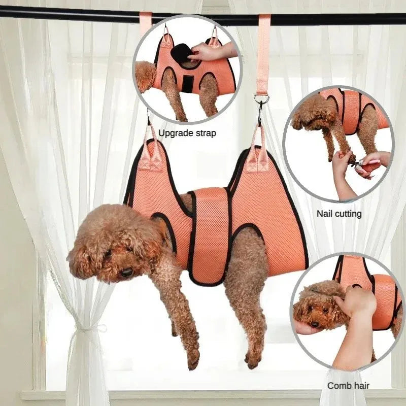 Cat grooming restraint bag with hanging hammock in three measured sizes for nail trimming and bath time
