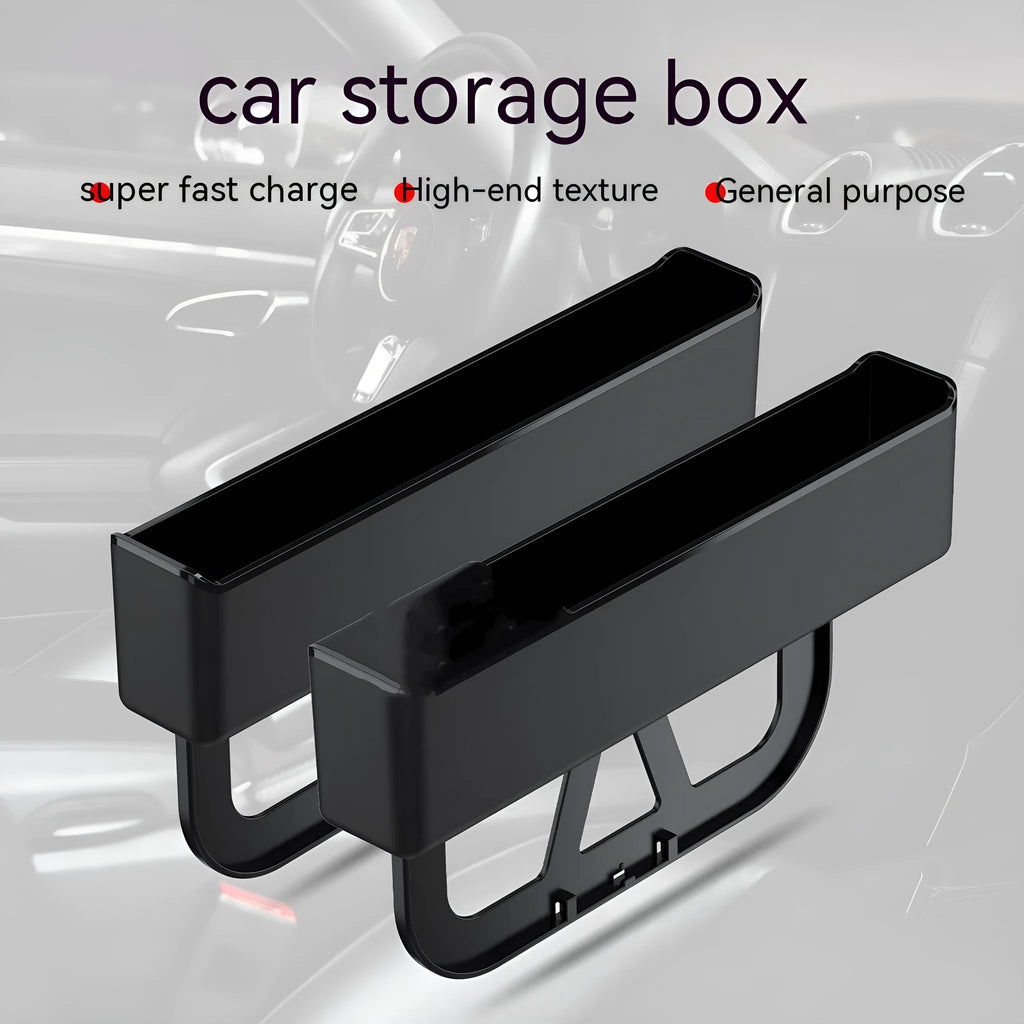 Plastic car seat gap storage box organiser in black, shown placed between a car seat and centre console.