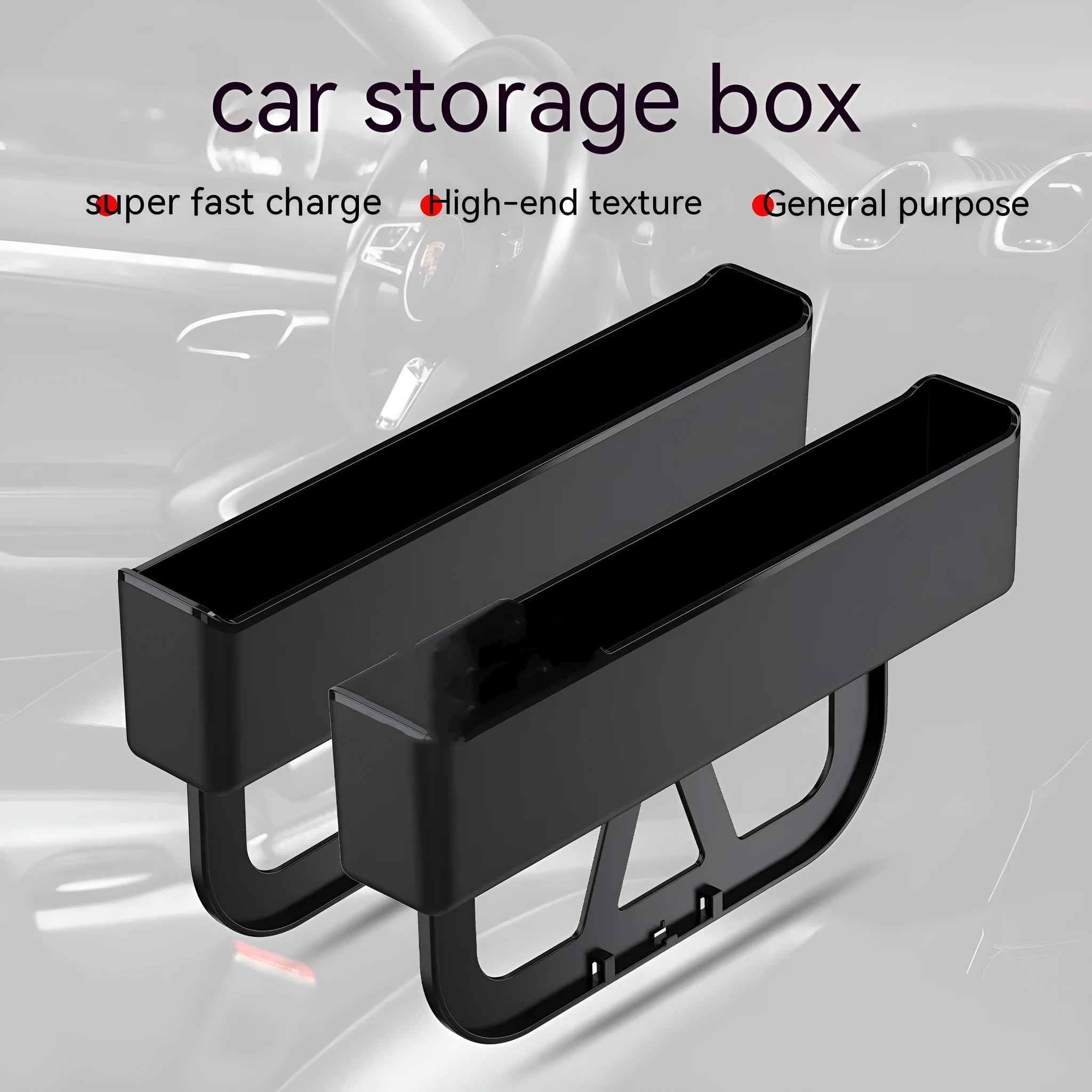 Plastic car seat gap storage box organiser in black, shown placed between a car seat and centre console.