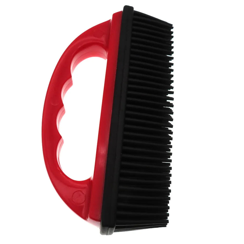 Red handheld pet hair removal brush for grooming and carpet cleaning