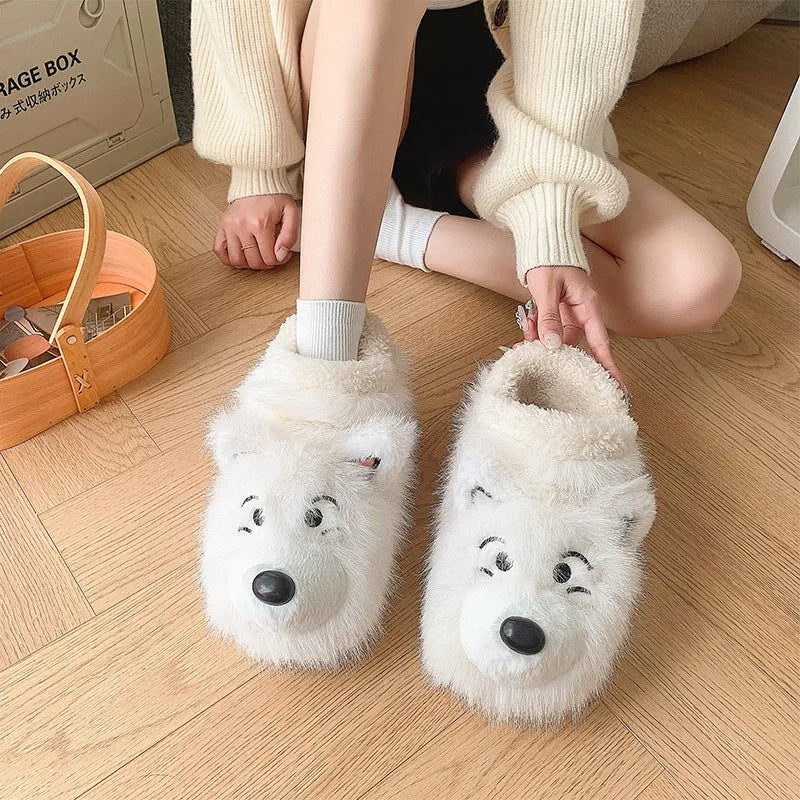 Grey and white cotton ankle wrap slippers with plush upper and non-slip sole
