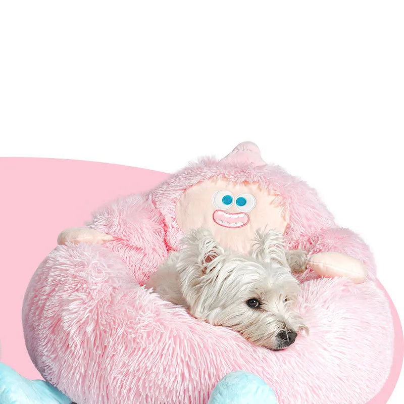 Grey plush pet nest bed with 40cm high sides shown with small dog curled inside