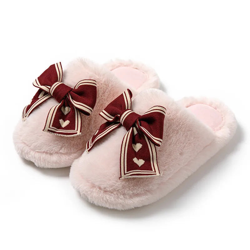 Bowknot cotton slippers home plush slippers for women adult warm indoor footwear black brown pink white width