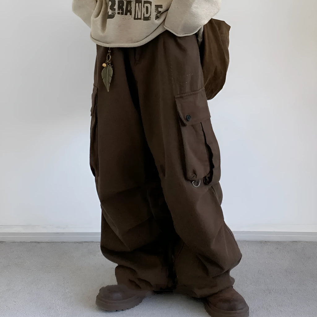 Men's retro large pocket casual trousers, loose straight high waist cotton pants in brown or black, sizes M to 3XL