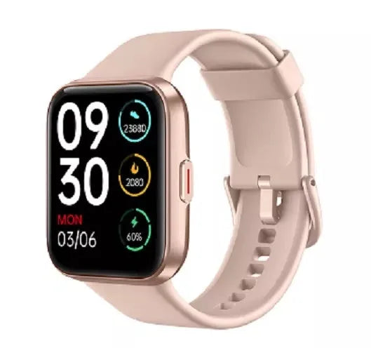 Smart watch with colour touch screen displaying health stats, shown in black, pink, blue, and green colour options.
