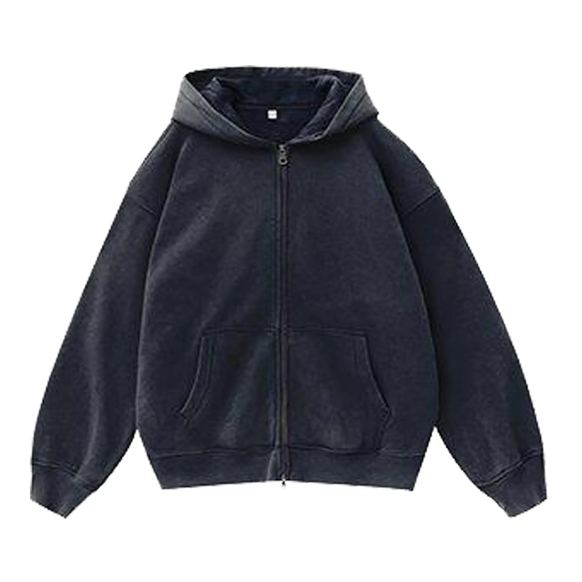 A women's loose-fit hooded cardigan sweater in a distressed colour, showing patch pockets and drop-shoulder sleeves.