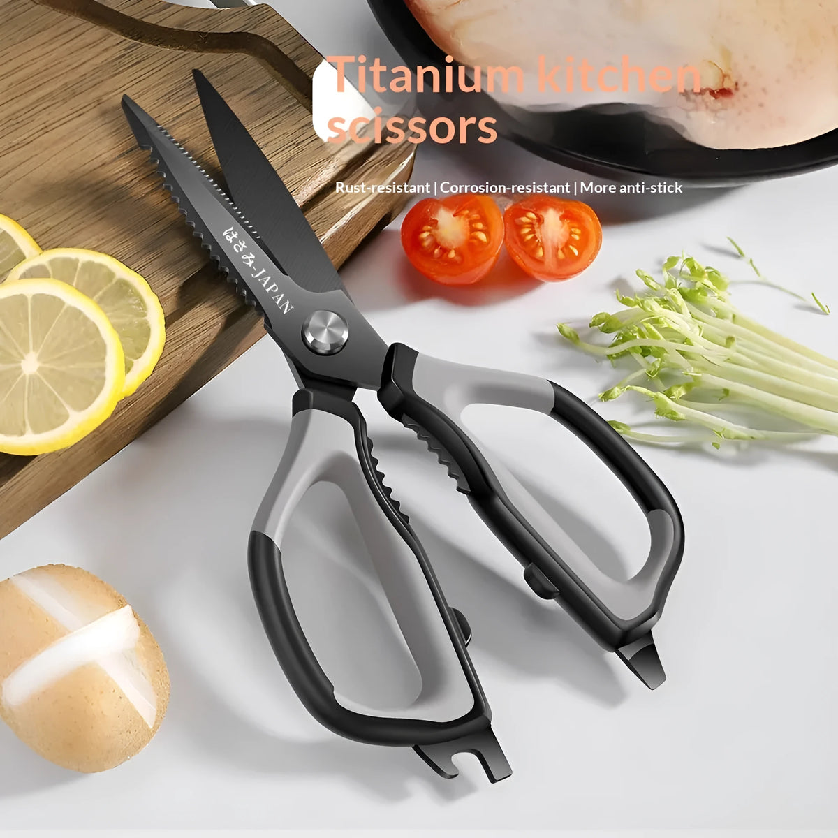 Large titanium-plated stainless steel kitchen scissors with double anti-rust protection for barbecue and home use.
