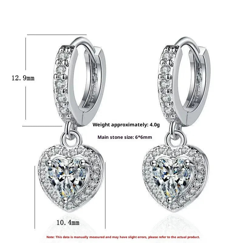 Copper inlaid zircon love earrings for women, heart shape, white gold colour, Korean style with polka dot detail.