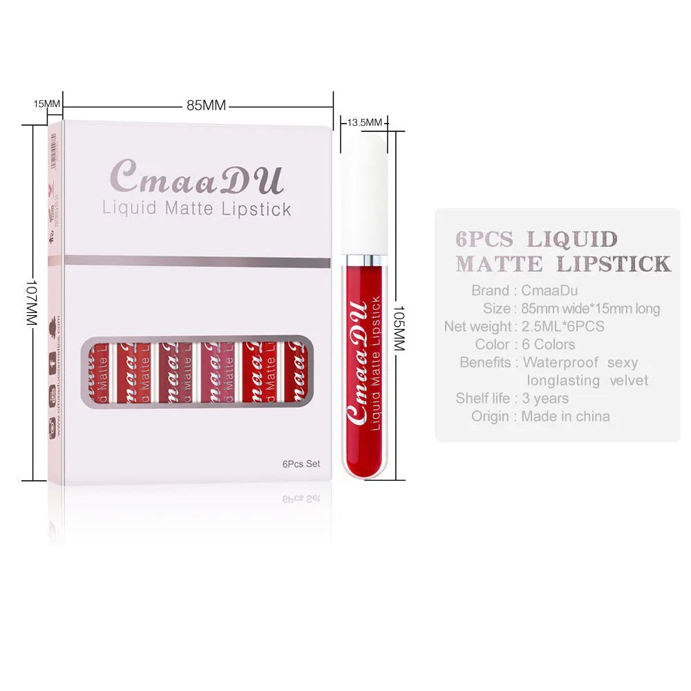 Set of six boxes of matte finish waterproof lip gloss with multivitamins, showing styles A to F.
