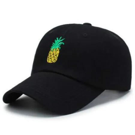 Embroidered pineapple baseball cap in cotton with adjustable strap and curved brim, available in multiple colours