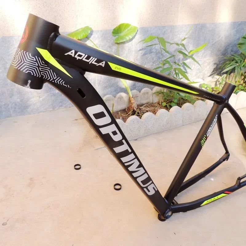 Black green aluminium mountain bike frame with inner cable routing and disc brake mounting points