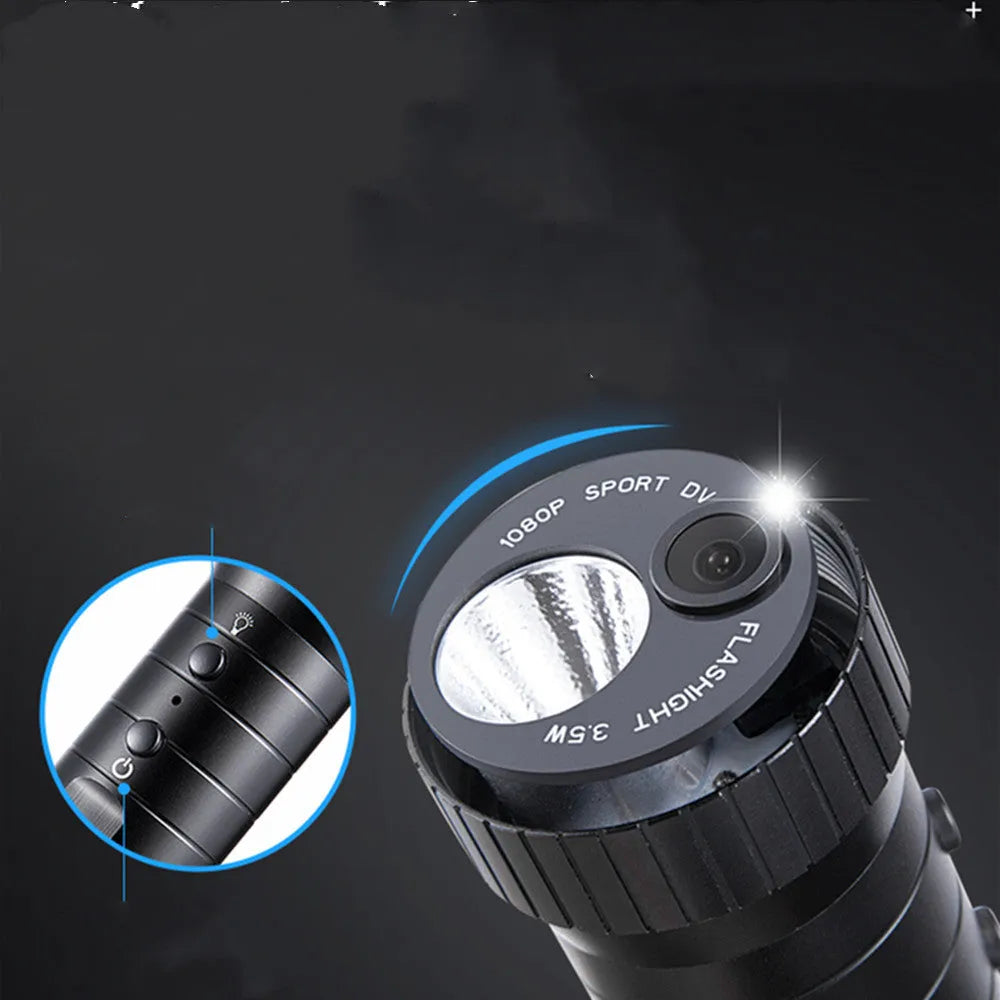DV3000 black metal sports camera with flashlight and wide-angle lens on a dark background