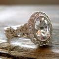 Women's copper ring with diamond plating, round zircon stone, and white gold colour finish on geometry band.