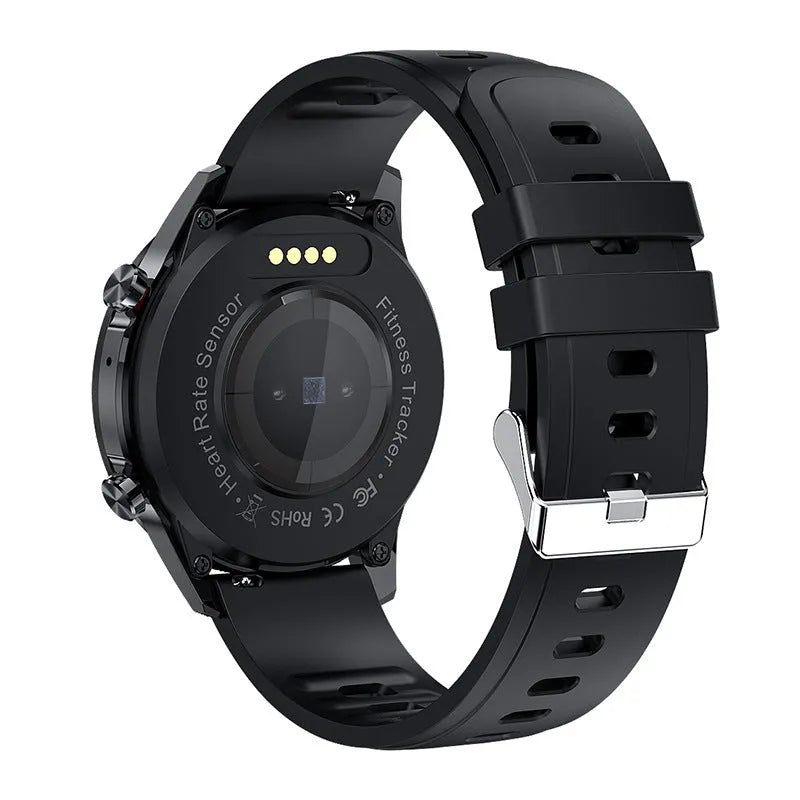 Black Bluetooth smart watch with 1.3-inch screen on wrist, showing call and music icons.