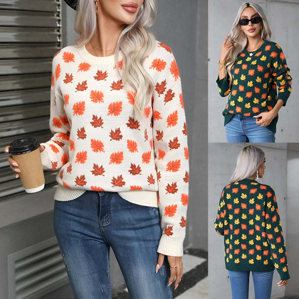Women's maple leaf Christmas sweater in loose fit with contrast colour design, available in beige or dark green