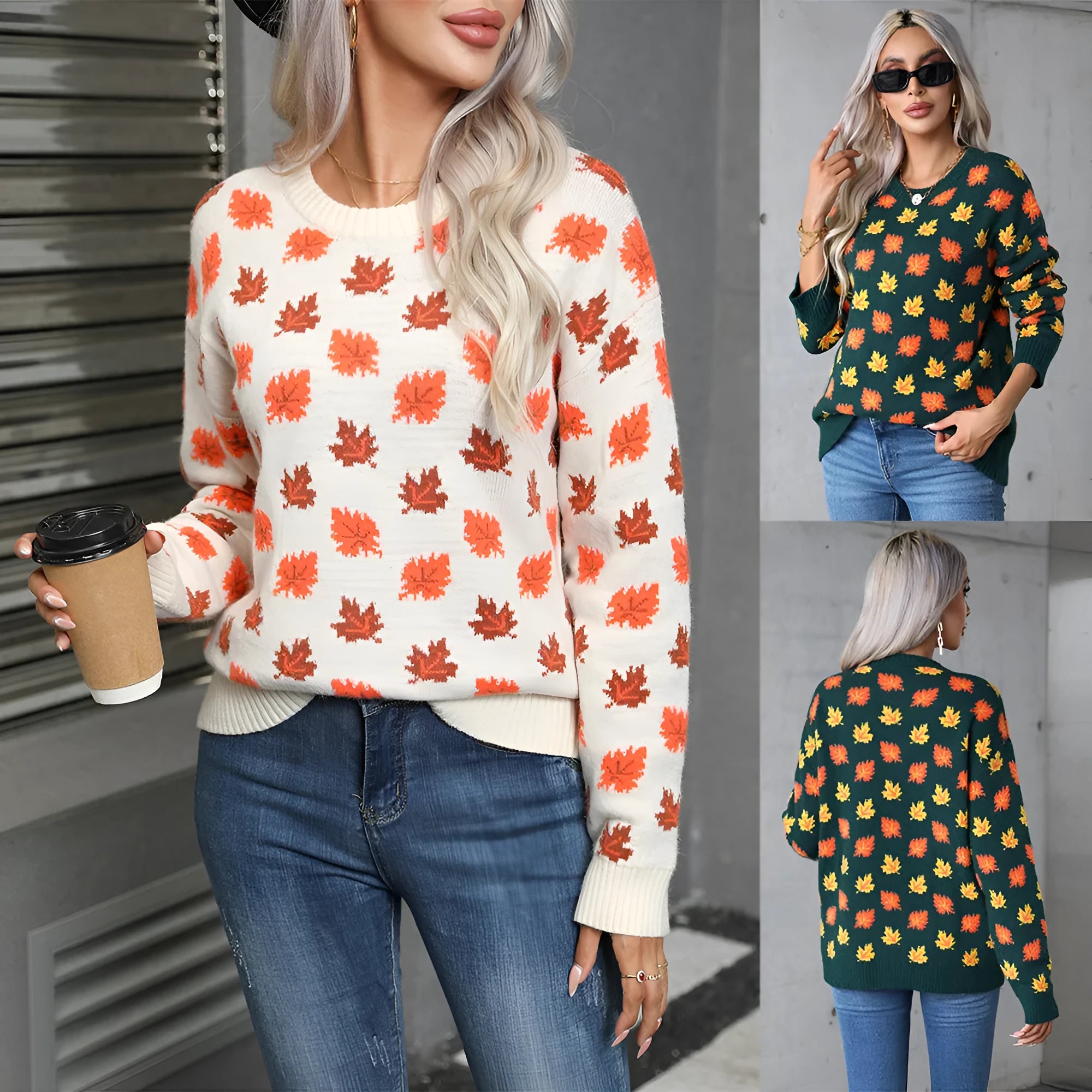 Women's maple leaf Christmas sweater in loose fit with contrast colour design, available in beige or dark green