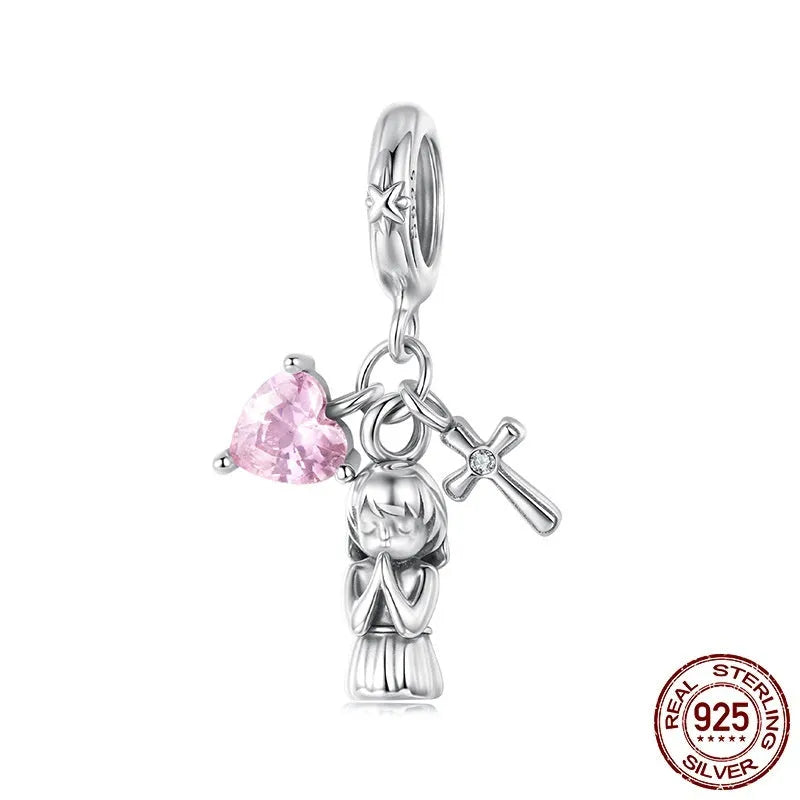 S925 sterling silver heart cross pendant bead, 2.6cm x 1.5cm with 0.45cm hole for DIY bracelet jewellery