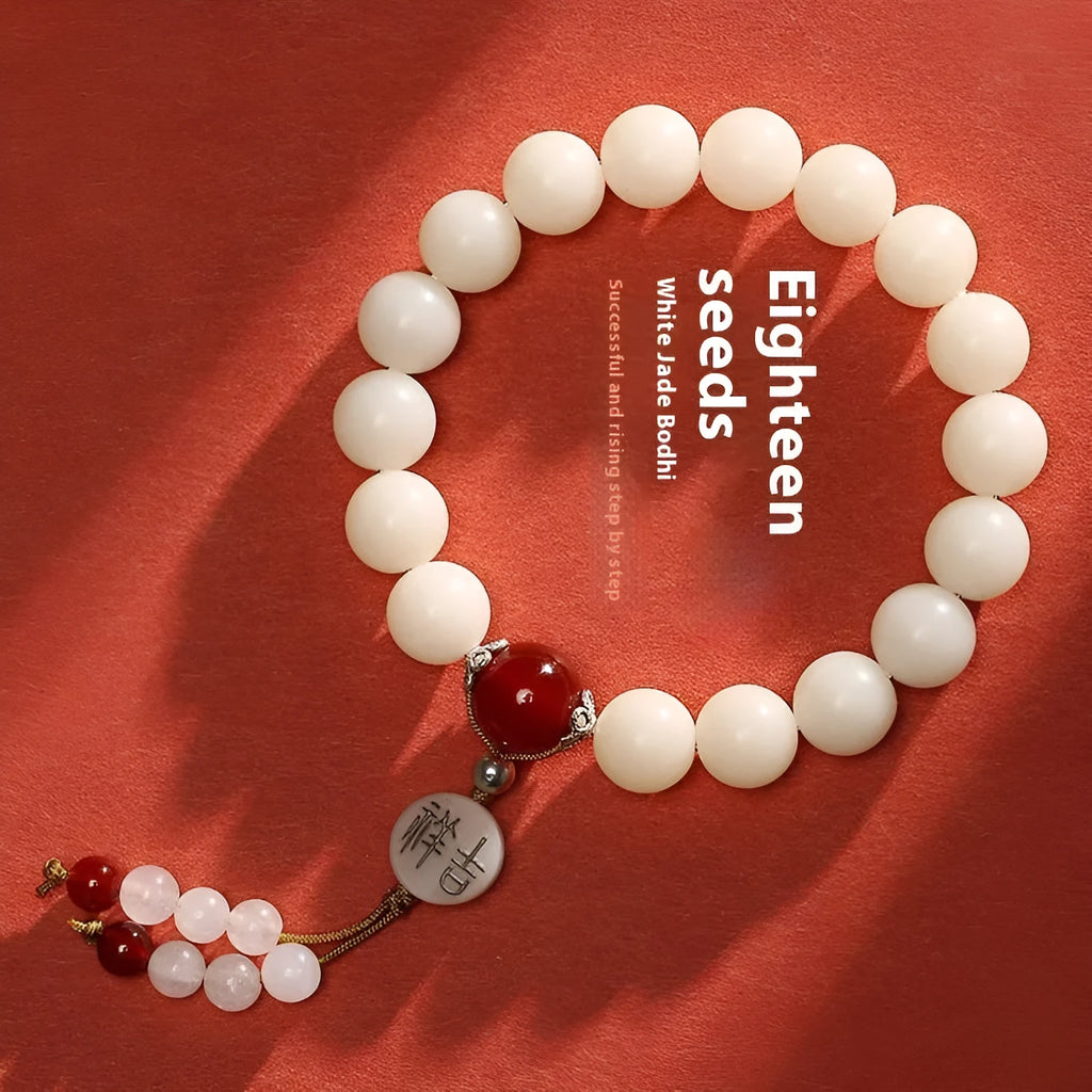 White jade bodhi couple's bracelet with 10mm beads and traditional Ruyi charm
