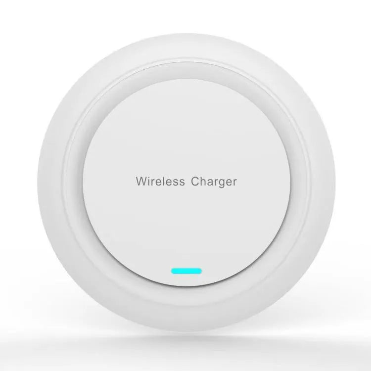 Round white desktop wireless phone charger with 10W fast charging capability