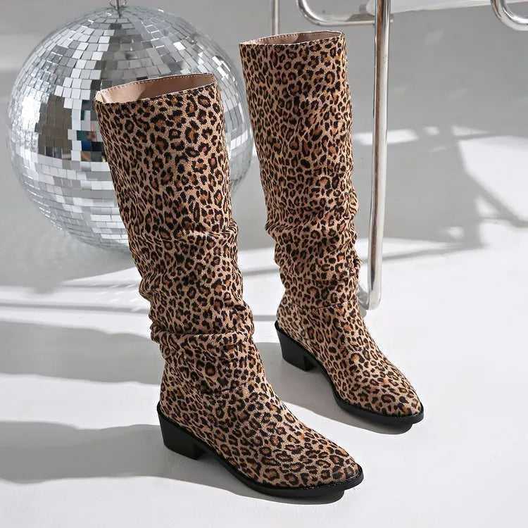 Brown leopard print women's ankle boots with square toe and chunky heel