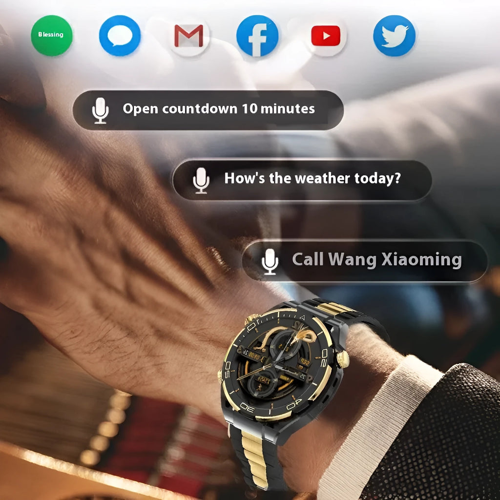 Black smart watch with TFT display, silicone and leather straps, featuring health monitoring and NFC function