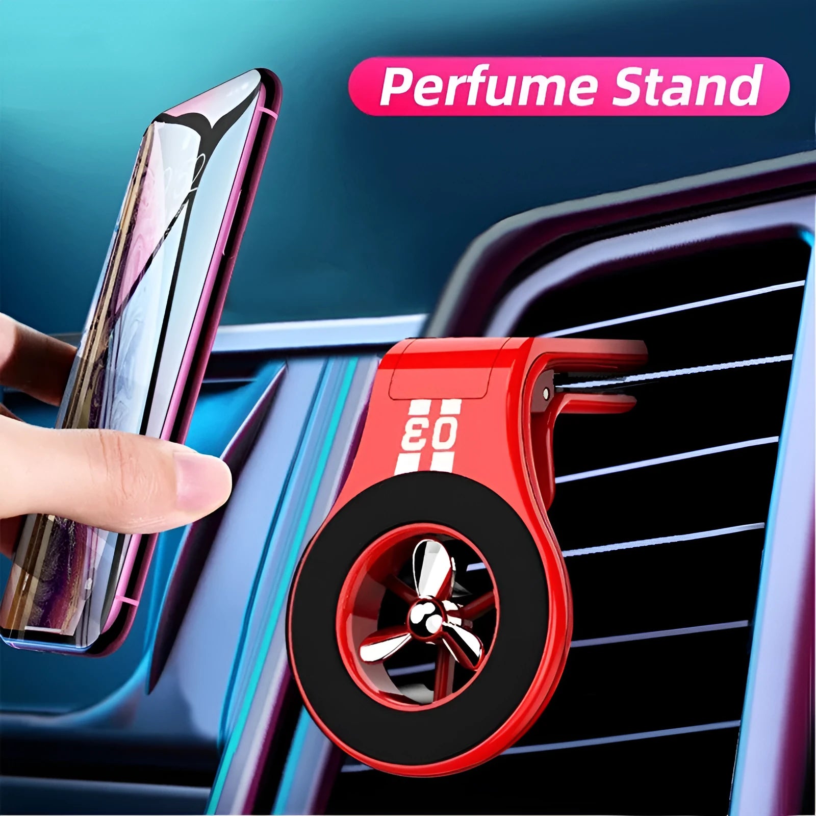 Black magnetic phone holder clipped onto a car air vent, showing phone attached and 360-degree rotation.