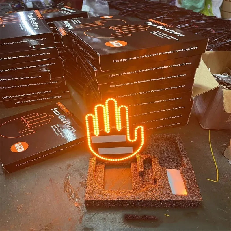 Car USB finger gesture lights showing thumbs-up, OK sign, and scissor hand illuminated designs
