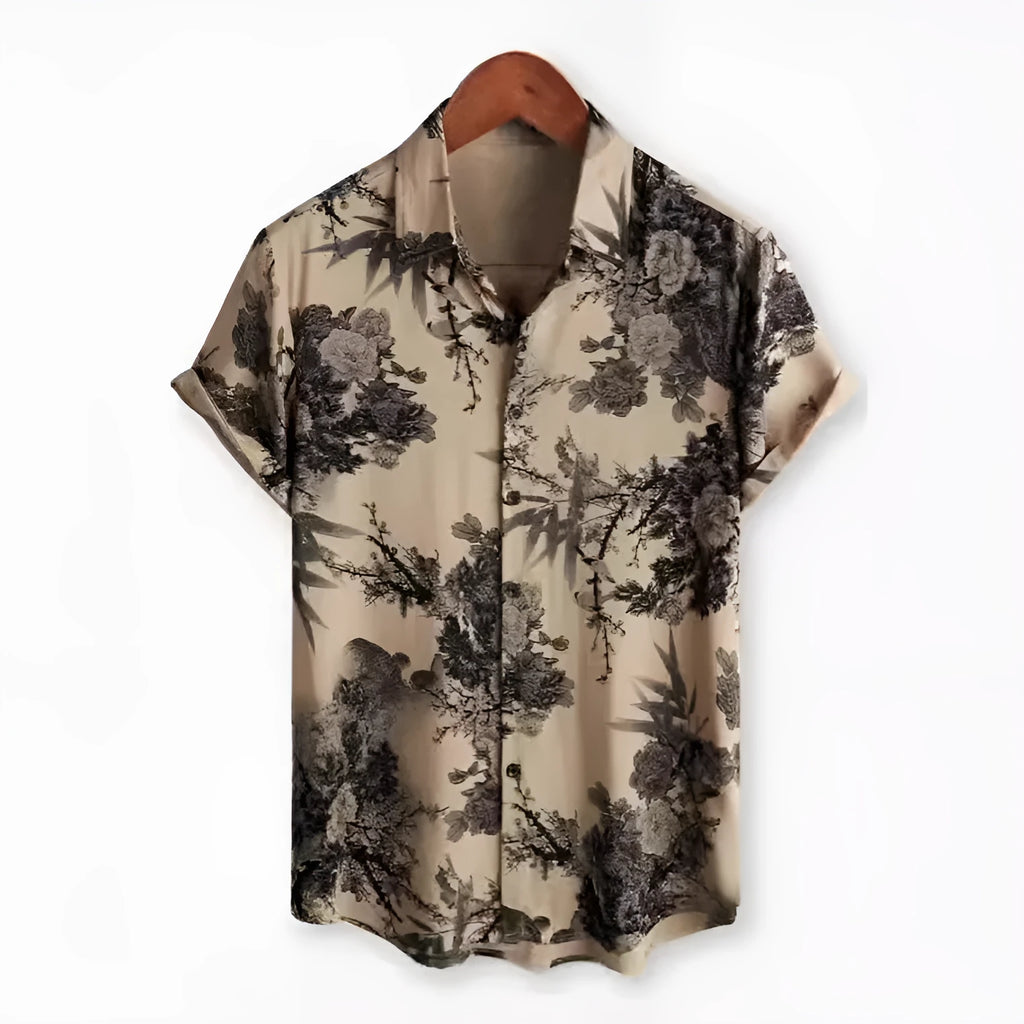 Man's short-sleeve Hawaiian floral print cardigan shirt in elastic polyester fabric.