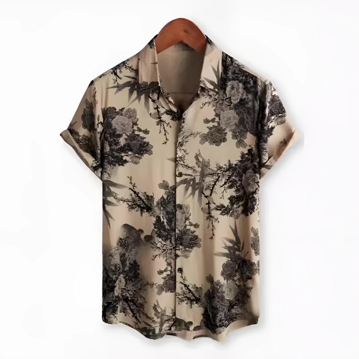 Man's short-sleeve Hawaiian floral print cardigan shirt in elastic polyester fabric.