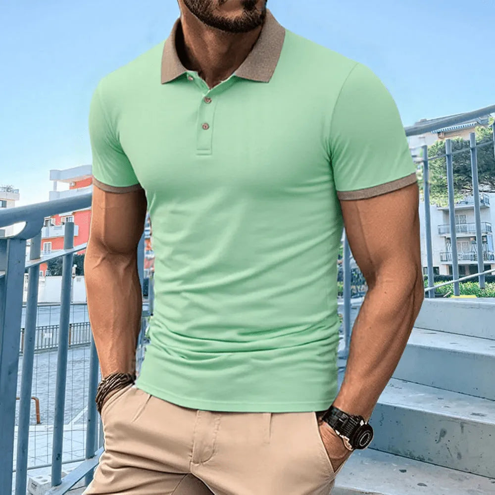 Summer polo shirt in Ice Silk fabric with printed flocking design, shown in multiple colour options