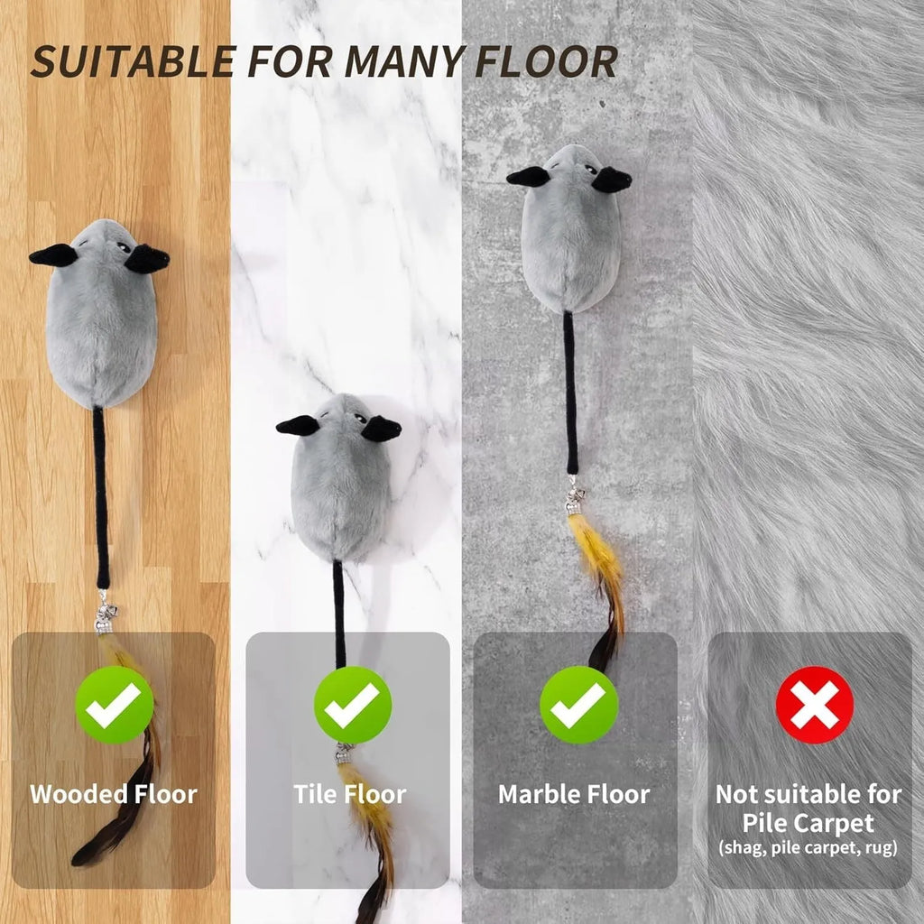 Grey and yellow plush electronic cat toy mouse with feather tail and LED lights