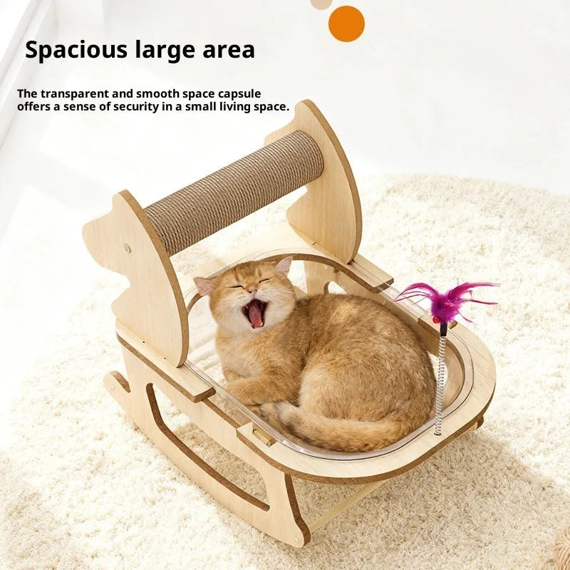 Hemp rope cat bed with space capsule rocking chair design, wear-resistant non-shedding column, medium density fiberboard frame