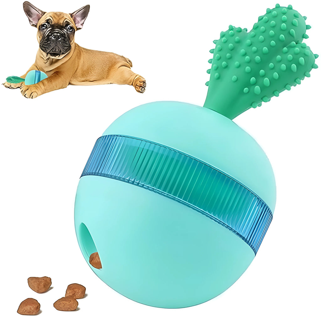 Blue and green durable rubber interactive dog treat dispensing ball toy for medium large dogs