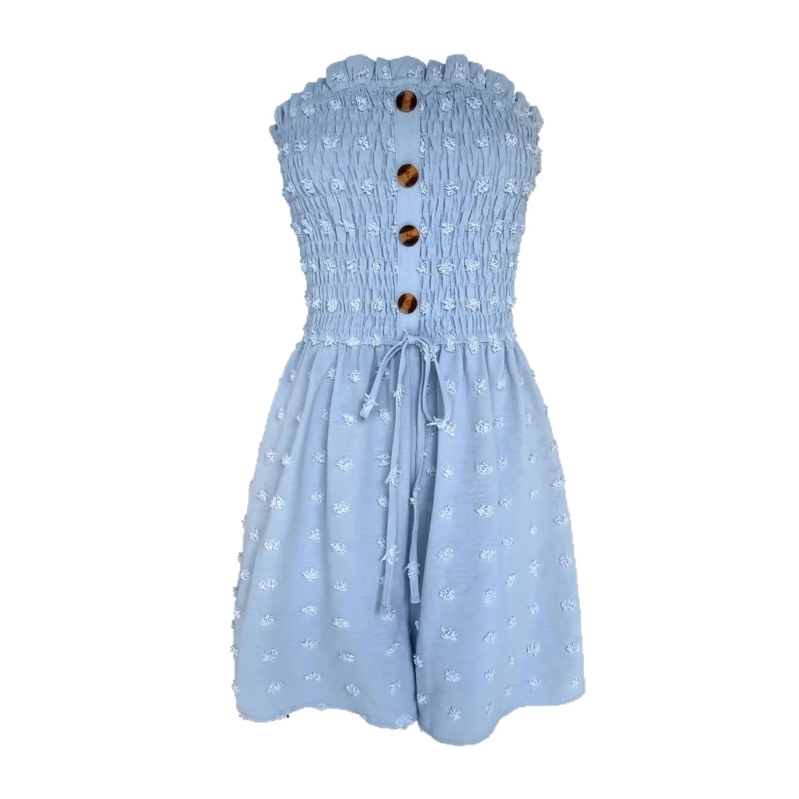 Women's sleeveless off-shoulder jumpsuit in polyester fabric showing blue colour option with button detailing