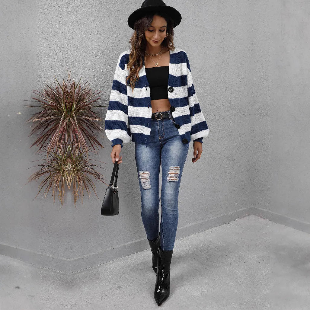 Women's striped deer plush cardigan with button front in blue.