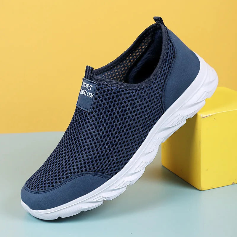 Large size mesh low-top casual sneakers with EVA sole, round toe, and sewing thread detail in grey, dark blue, black and white, or all black.