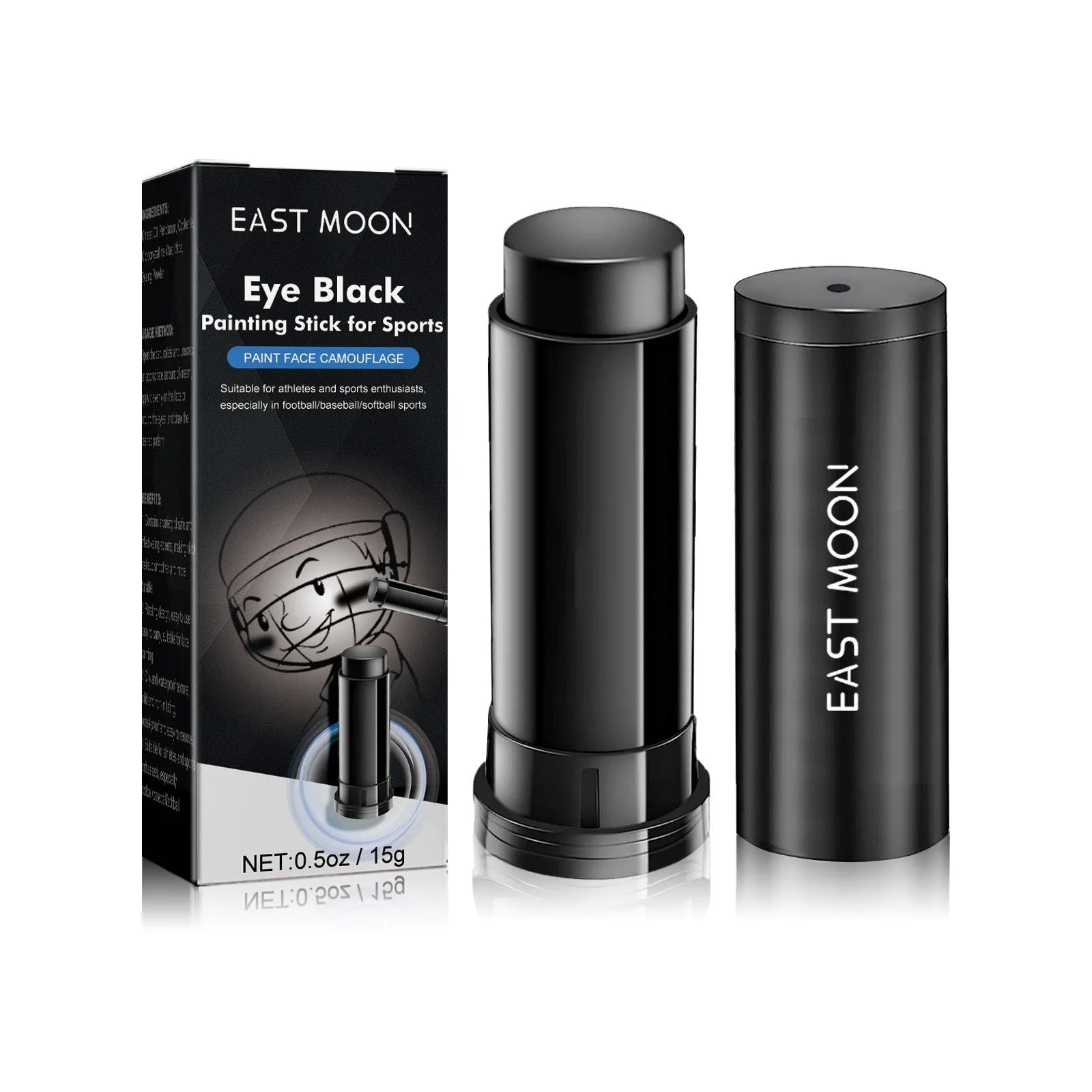 Sports eye black paint stick packaging showing 15g content for athletic use