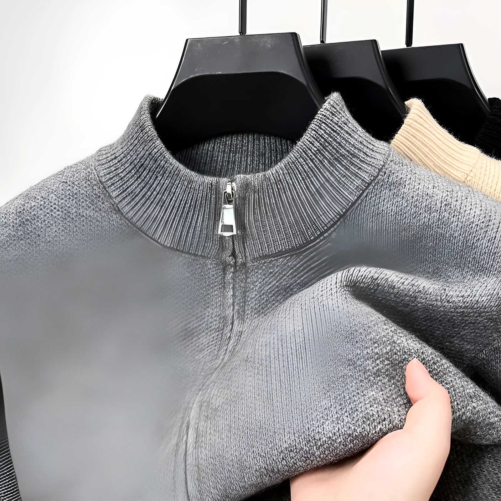 Men's black stand collar knitted cardigan with front zipper in loose fit