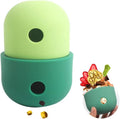 Food grade silicone dog puzzle treat ball in blue and white, shown next to dog treats.