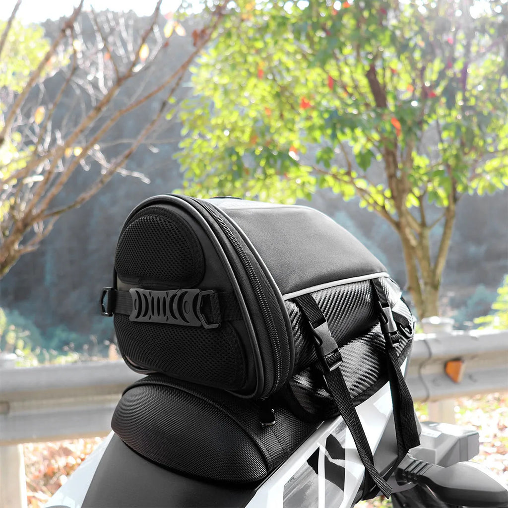 Black motorcycle waterproof crossbody bag with reflective strips and multiple pockets