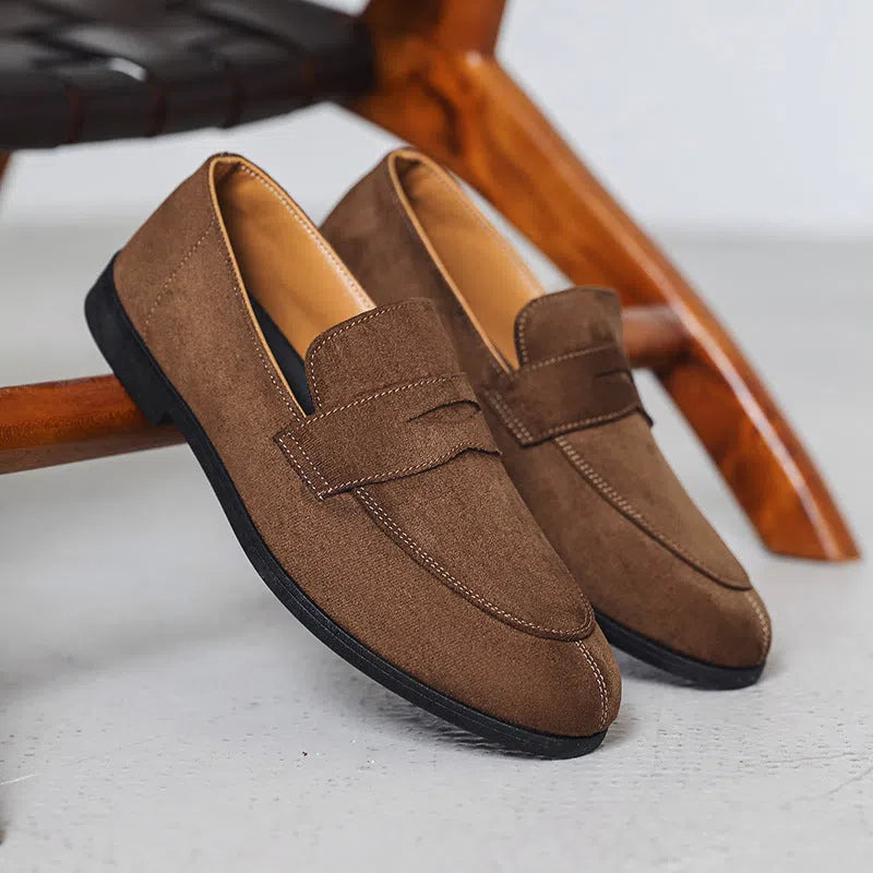 Men's height-increasing slip-on casual shoes with round toe and wedge heel in beige artificial PU