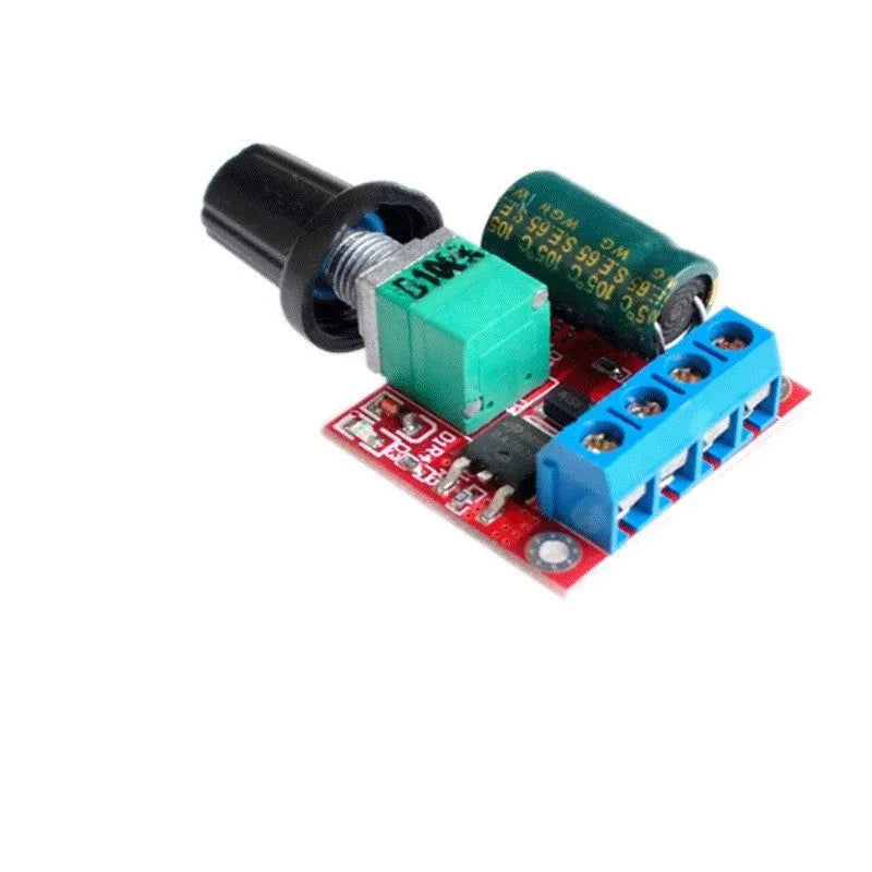 PWM DC motor speed controller module with potentiometer knob, 30mm x 26mm dimensions.