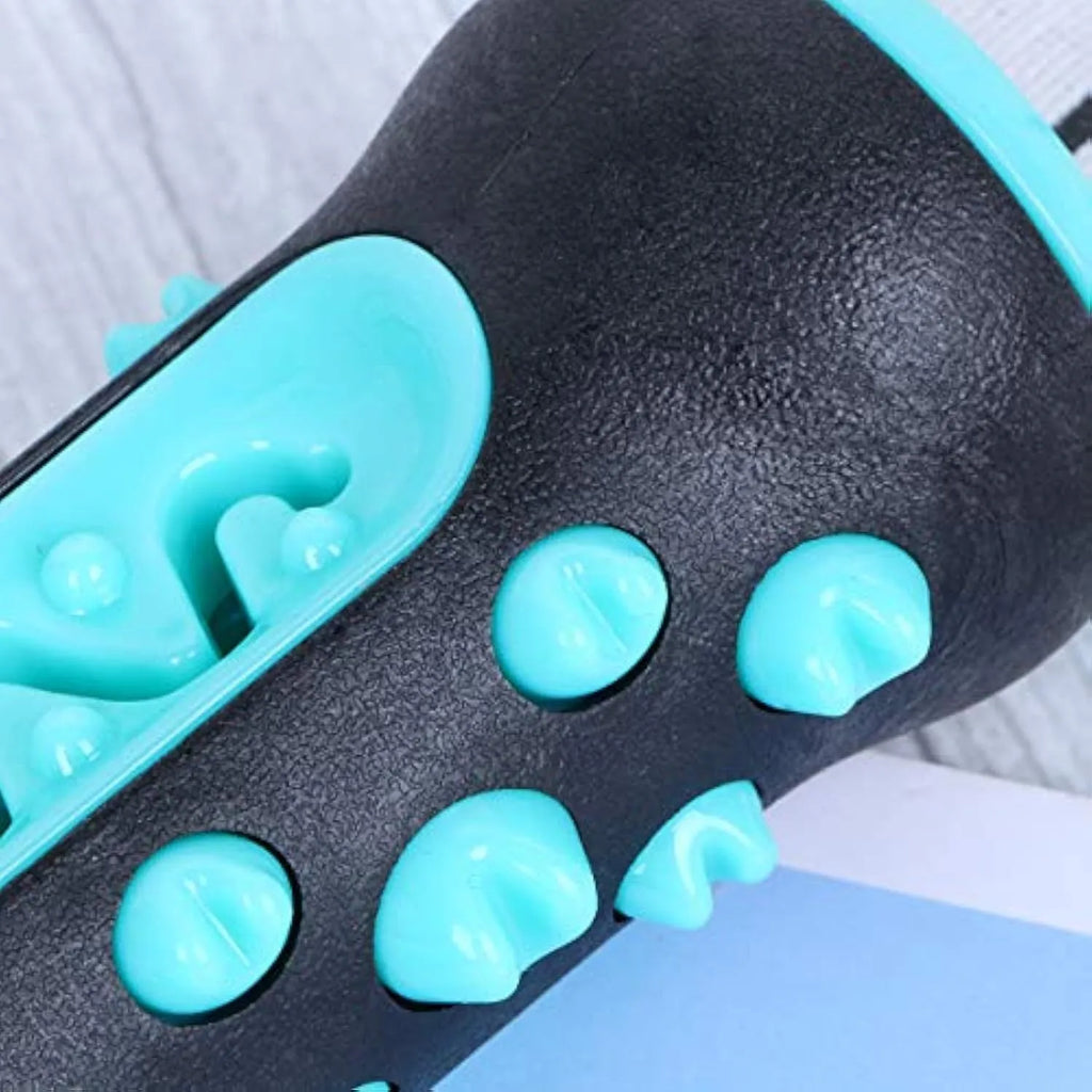 A natural rubber dog toothbrush chew toy in blue, measuring 15 cm long, for dental cleaning and play.