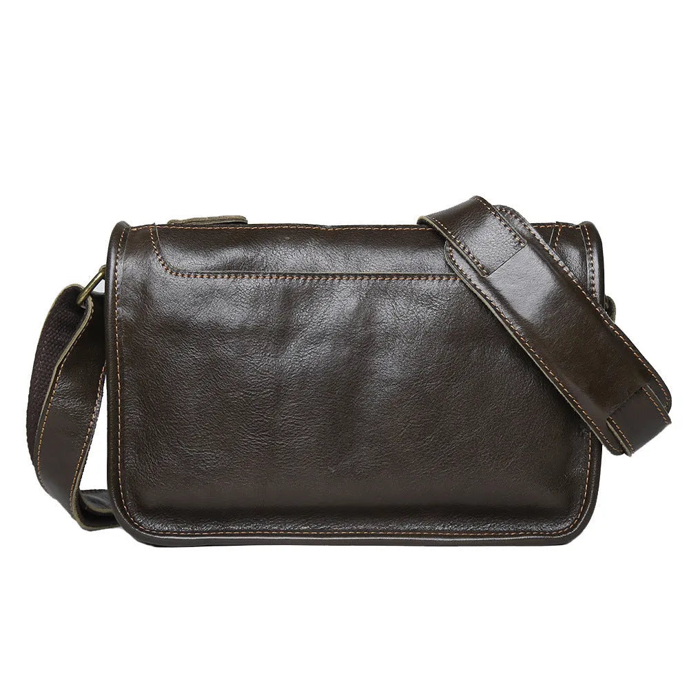 Men's genuine leather crossbody shoulder bag in olive green with patchwork design
