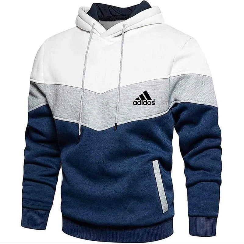 Men's patchwork hooded sweatshirt loose fit long sleeve casual top in blue with hood