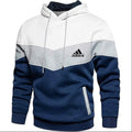 Men's patchwork hooded sweatshirt loose fit long sleeve casual top in blue with hood